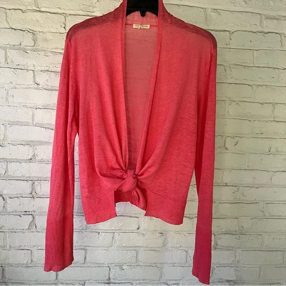 EILEEN FISHER Coral Pink Linen Tie-Front Cardigan - Picture 9 of 9